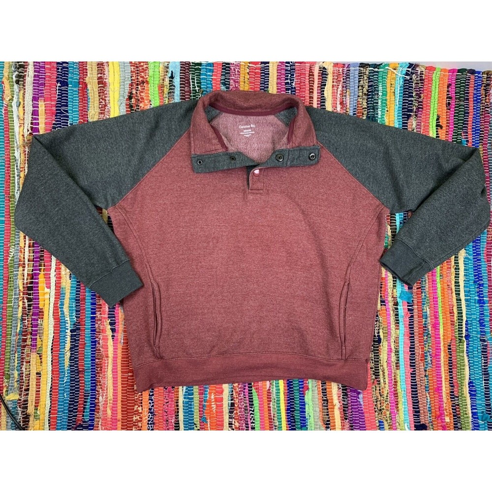 Carolina Bay Men's Sweatshirt Sweater Pullover M Long Sleeve 1/4 Snap Gray Red
